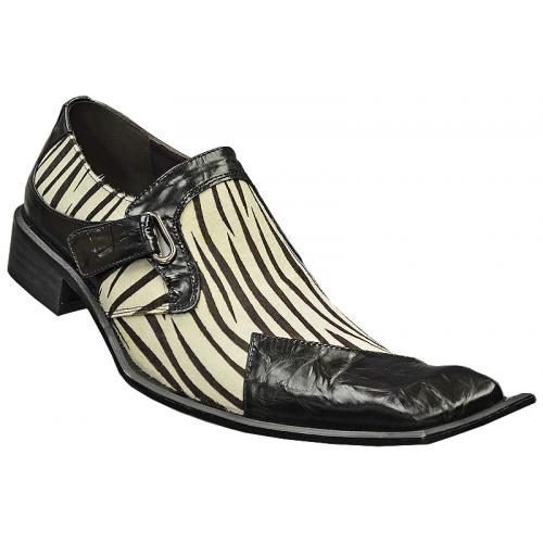 Zota Black / White Zebra Hair / Genuine Leather Loafer Shoes Diagonal Toe With Monk Strap G838
